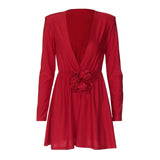 Women Dresse Three-Dimensional Flower Red Short Skirt Sexy Long Sleeve Dress