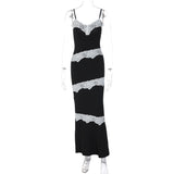 Women Dresse Sexy V-neck Stitching Lace Trim Suspender Skirt Sleeveless Backless Long Dress