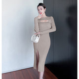 Women Maxi Dress Autumn and Winter Hollow Long Knitted Dress