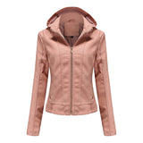 Red Leather Jacket Fall Winter Hooded Leather Women's Detachable Hat Long-Sleeve Zipper Fleece-Lined Wallet