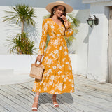 Women Date Dress Autumn and Winter Leisure Floral Print Long Sleeve Lace up Casual Dress Maxi Dress