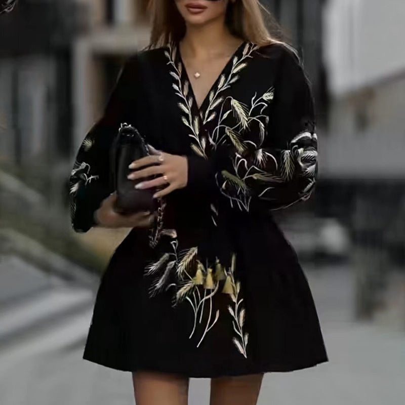 Women Dresses Spring Vintage Embroidered Velvet Long Sleeves Dress Short Skirt (Qymy0409)
