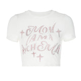 Women T-shirt Spring/Summer Letters Rhinestone Navel Slim-Fit Short-Sleeved T-shirt