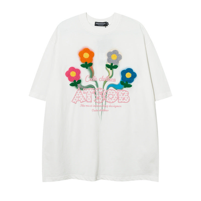 Men T Shirt Floral Flocking Embroidered Couple Short Sleeve T-shirt