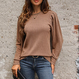 Women Knitted Sweater Fall Long-Sleeved Bubble Sleeve Top