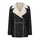 Red Leather Jacket Lapel with Velvet Leather Suede Coat for Women