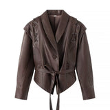 Women Tops Spring Retro Coffee Color Brown Leather Coat V-neck Lace-up Top