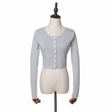 Women Sweater Knitwear Autumn Retro Crew Neck Front Row Buckle Slim Fit Short Knitted Cardigan Top