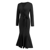 Women Date Dress Knitted Long Sleeve V-neck Lace-up Fishtail Skirt