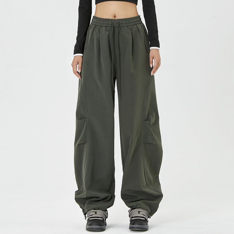 Men Sweatpants Loose-Fitting Wide-Leg Trousers Hip Hop Solid Color Stitching Ruffle Knee Straight Casual Pants