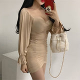 Women Dresses Spring Slim Fit Sheath Sexy Long-Sleeved Bubble Sleeve Dress