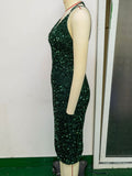 Women Evening Gown Sexy Sling Vintage Green Sequins Dress