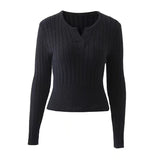 Women Sweater Knitwear V-neck Thread Sunken Stripe Slim-Fit Long-Sleeved Knitted Bottoming Shirt