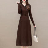 Women Knitwear Spring and Autumn V-neck Mid-Length Sweater Knitted Dress