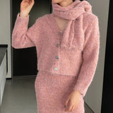 Women Knitted Two-Piece Set Cardigan Skirt Scarf Three-Piece Set Button Knitted Sweater Casual Suit 1t8852