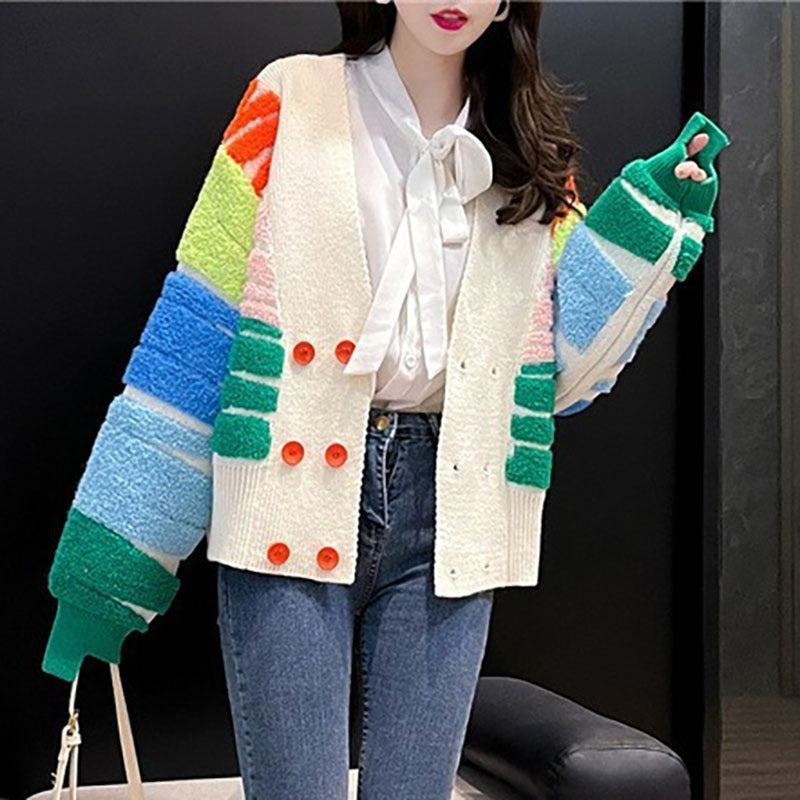 Women Knitted Cardigan Colorful Towel Embroidery Sweater Cardigan Autumn Loose Knitted Coat
