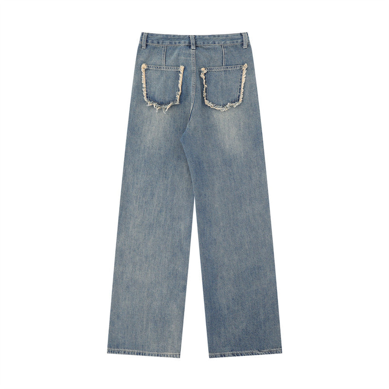 Women Pants Washed Jeans Straight-Leg Pants Loose-Fitting Wide-Leg Trousers