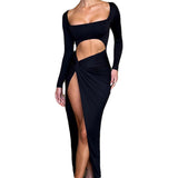 Women Dresses Autumn Sexy Hollow Square Collar Slit Dress (Bla0420)