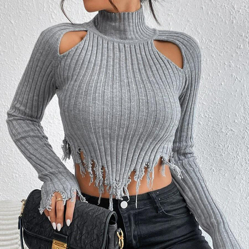 Women Knitted Sweater Sweaters Women's Clothing Turtleneck Long Sleeve Distressed Sexy Cutout Sweater