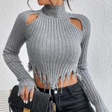 Women Knitted Sweater Sweaters Women's Clothing Turtleneck Long Sleeve Distressed Sexy Cutout Sweater