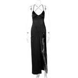 Women Dresses Spring Sexy V-neck Backless Self-Tie Slit Dress