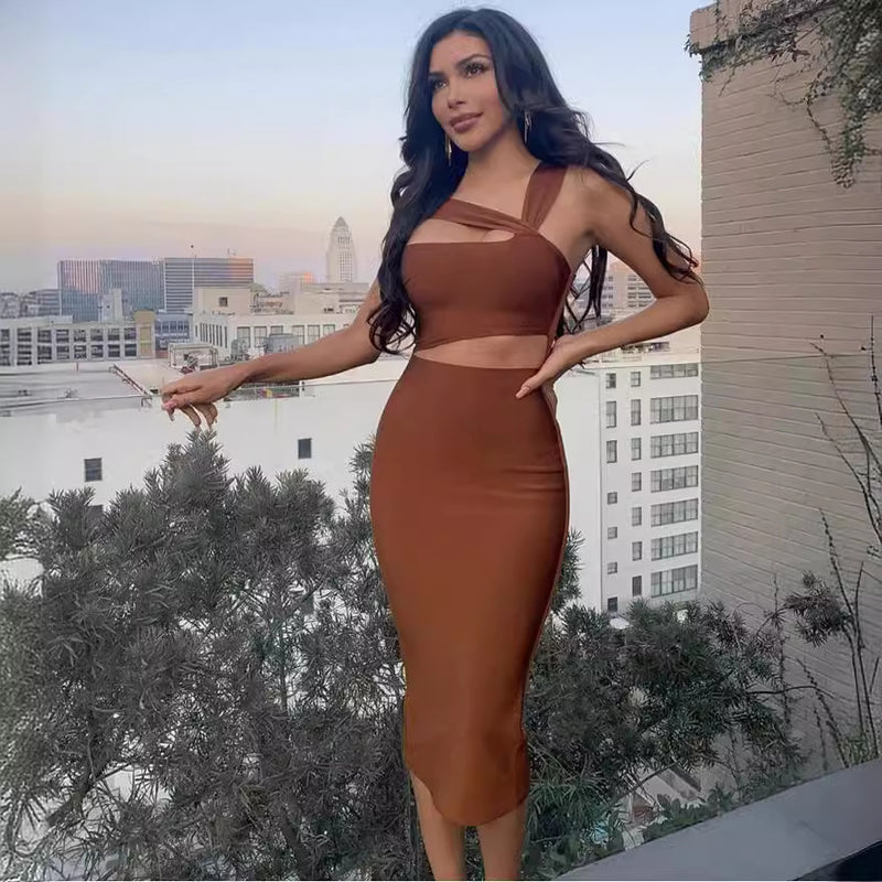 Women Dresses Brown Bandage Dress Mid-Length Evening Party Dress (Ont0408)