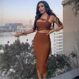 Women Dresses Brown Bandage Dress Mid-Length Evening Party Dress (Ont0408)