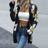 Women Knitted Sweater Autumn and Winter Flower Long Sleeve Sweater Cardigan Mid-Length