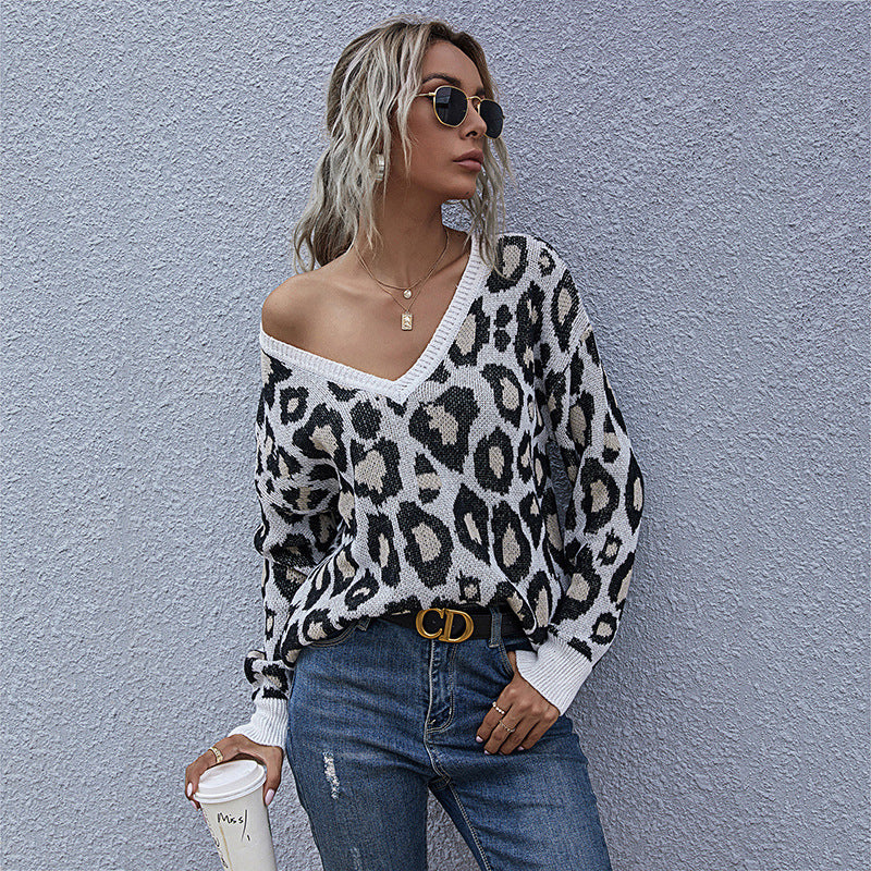 Women Knitted Sweater Autumn Long Sleeve V-neck Leopard Print Bottoming Knitted Sweater