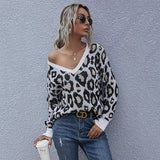 Women Knitted Sweater Autumn Long Sleeve V-neck Leopard Print Bottoming Knitted Sweater