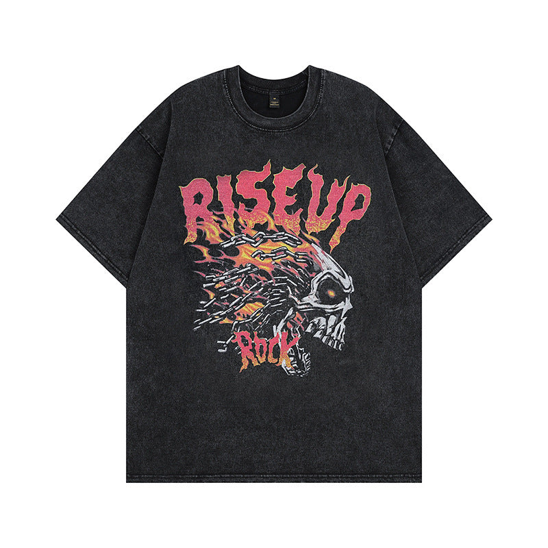 Men T Shirt Rock Skull Flame Print Distressed Short Sleeve T-shirt
