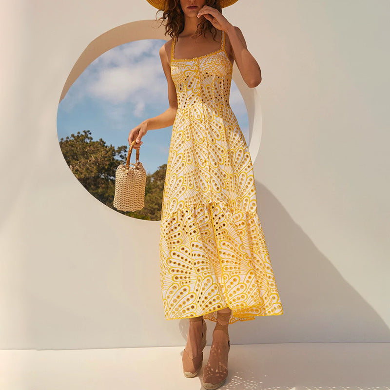 Women Dresses Summer Hollow Embroidery Long Suspender Skirt (Qymy0409)