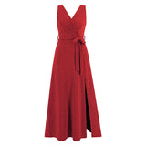 Women Date Dress Sexy Sleeveless V-neck Slit Slim Fit Long Dress
