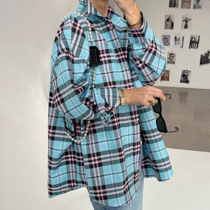 Women Trench Coat Winter Retro Plaid Long Sleeve Shirt Loose Casual Jacket