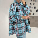 Women Trench Coat Winter Retro Plaid Long Sleeve Shirt Loose Casual Jacket