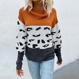 Women Knitted Sweater Autumn and Winter Leisure Leopard Print Contrast Color Long Sleeve Pullover