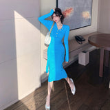 Women Maxi Dress Autumn V-neck Button Slim Fit Hip-Wrapped Sweater Dress