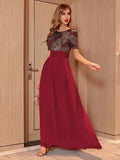 Women Evening Gown Sexy Big Swing Chiffon Stitching Sequins Dress