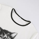 Women T-shirt Summer Cat Printing round Neck Midriff-Baring T-shirt