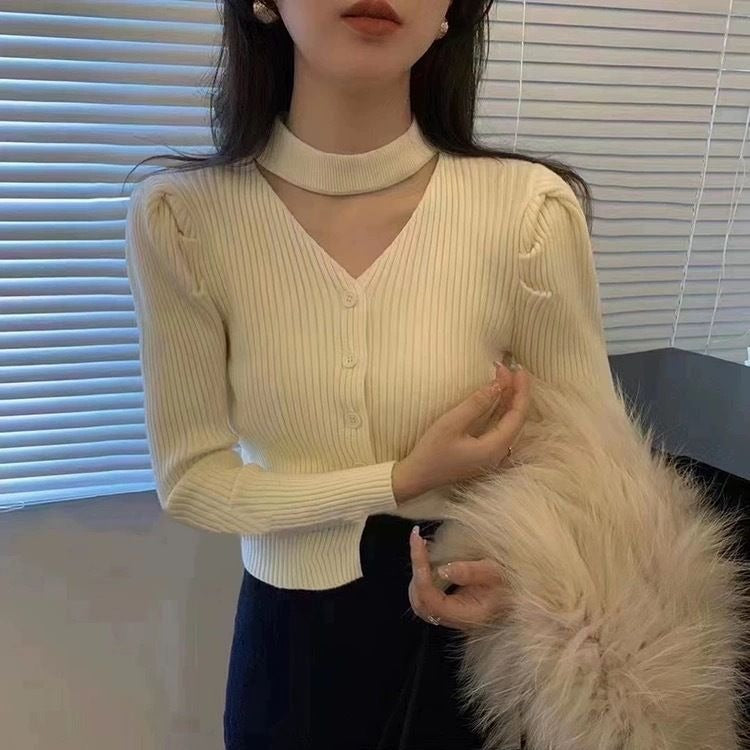 Women Knitted Cardigan Puff Sleeve Sweater Fall V-neck Top