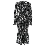 Women Date Dress Long Dress Leopard Print V-neck Belt Printed Fishtail Skirt