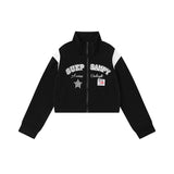 Women Jacket Letter Embroidered Coat Stand Collar Short Casual Zipper Cardigan Top