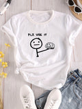 Letter & Stick Figure Print Crew Neck T-Shirt, Casual Short