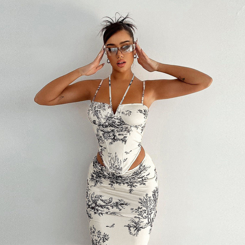 Women Dresses Summer Retro Style Slim-Fit Printed Skirt Two-Piece Suit (Bla0420)