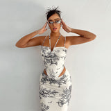 Women Dresses Summer Retro Style Slim-Fit Printed Skirt Two-Piece Suit (Bla0420)