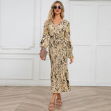 Women Date Dress Long Dress Leopard Print V-neck Belt Printed Fishtail Skirt