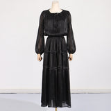 Women Dresses Vintage Spring round Neck Lantern Sleeve Dress (Qymy0409)