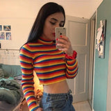 Women Knitted Sweater Spring and Autumn Turtleneck Long Sleeve Striped Sexy Short Sweater Sweater