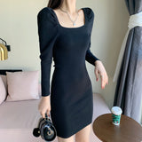 Women Maxi Dress Fall/Winter Square Collar Puff Sleeve Hip Knitwear Dress