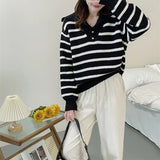 Women Knitwear Autumn and Winter Striped Lapel Knitwear Loose Sweater